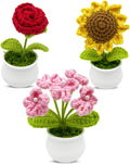 3pcs Crochet Flowers Cute Potted Flower,Mini Flower Bouquet for Mom Wife, Cute Desk Decor for Women,Artificial Handmade Flowers for Car Dashboard,Home Office Decoration (Color#4)