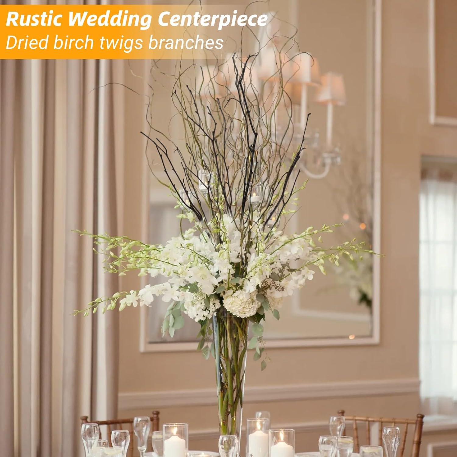 60Pcs Real Dried Birch Twigs Branches - 17” Natural Decorative Birch Branches for Easter Vases, Birch Sticks for DIY, Centerpiece, Floral Arrangment, Twig Wreath, Rustic Home Decor