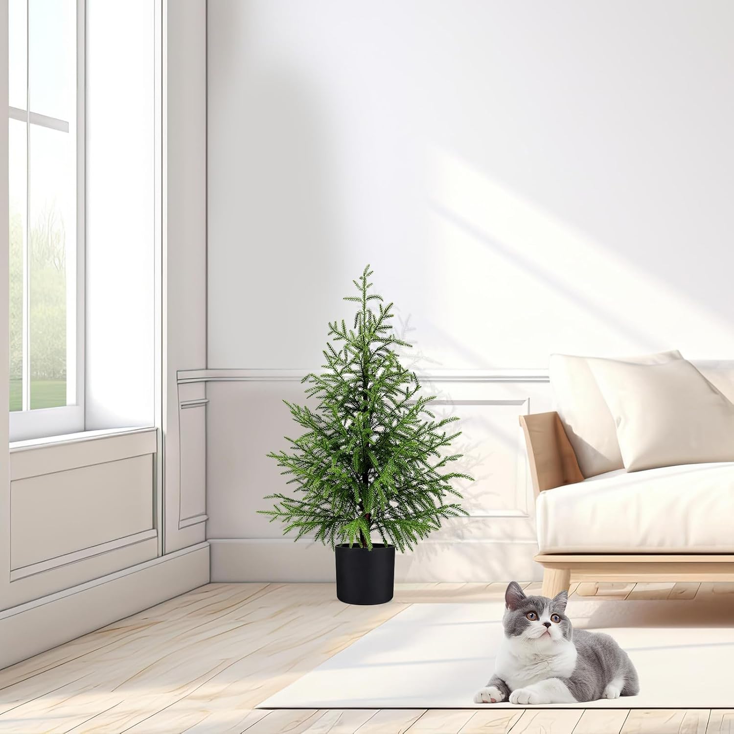 3FT Artificial Norfolk Pine Christmas Tree Real Touch Faux Tree with Black Pot, Realistic Indoor Holiday Decor for Christmas Entryway, Living Room & Office