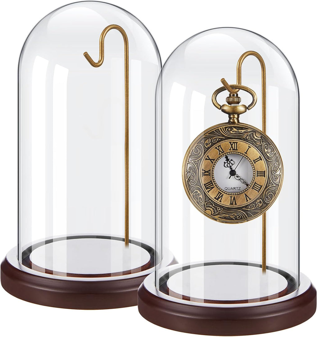 2 Pcs Pocket Watch Glass Display with Hooks Dome Cloche with Wood Base Decorative Glass Display Dome Showcase for Watch Plants Medals Photos Collectibles Dark MDF Base(4" X 7",Gold Hook)