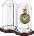 2 Pcs Pocket Watch Glass Display with Hooks Dome Cloche with Wood Base Decorative Glass Display Dome Showcase for Watch Plants Medals Photos Collectibles Dark MDF Base(4" X 7",Gold Hook)
