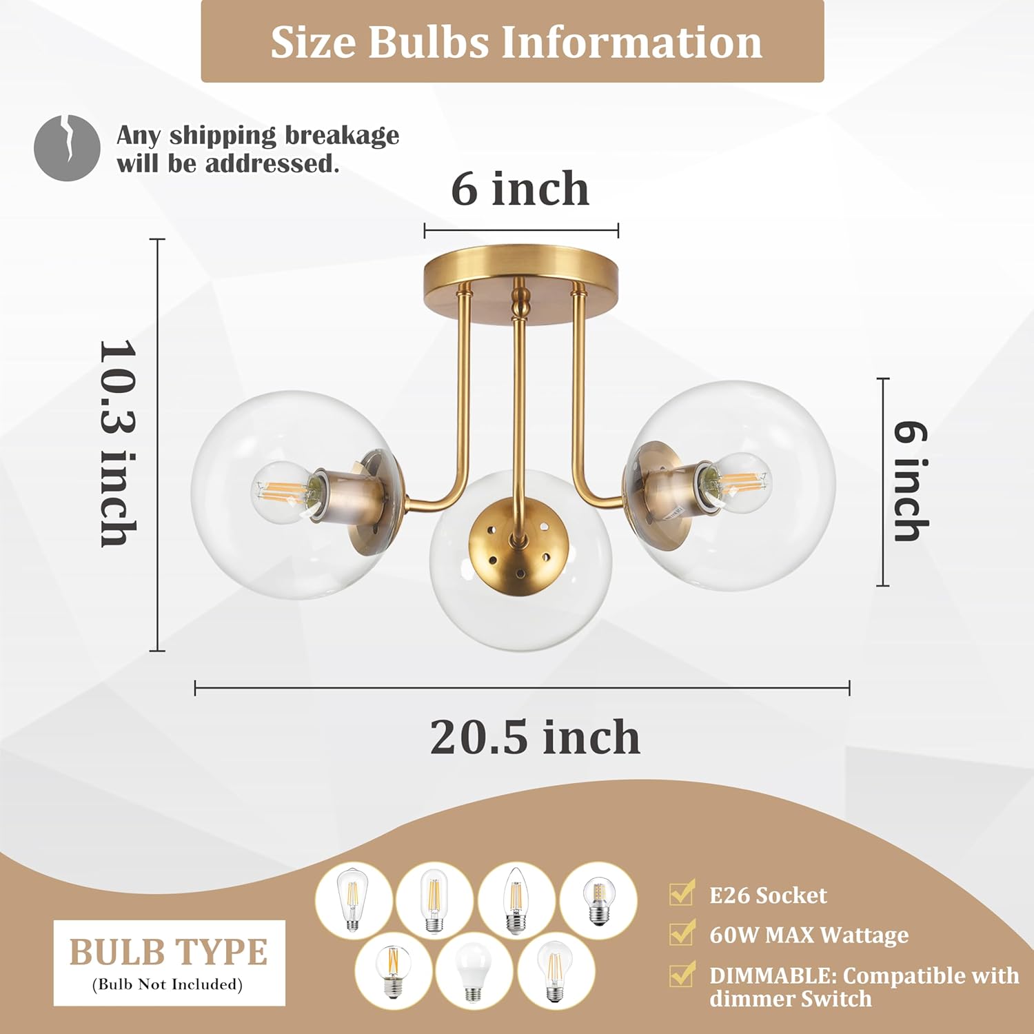 KoKo&Yukina 3-Light Semi Flush Mount Ceiling Light Globe Lights Mid Century Ceiling Light with Clear Glass Globe & Brushed Brass for Bedroom Hallway Entryway Kitchen Living Room (Bulb Incl.)