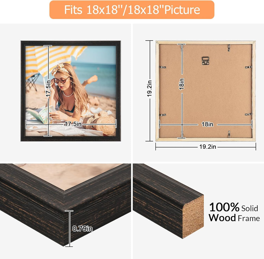 18x18 Wood Frame Black, Rustic Natural Wooden 18x18in Poster Picture Frame, Distressed 18 x 18inch Woodgrain Gallery Photo Frame with HD Plexiglass, Horizontal Vertical Wall Mounting Display 1pcs