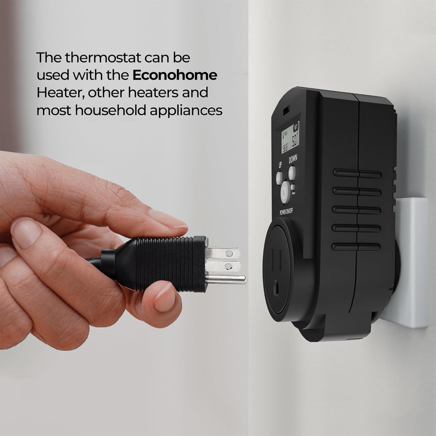 EconoHome Digital Plug in Thermostat - Programmable Thermostat with LCD Screen, Temperature Control & Power Buttons - Compatible with Wall Mount & Portable Heater, Air Cooler, Greenhouse Fans