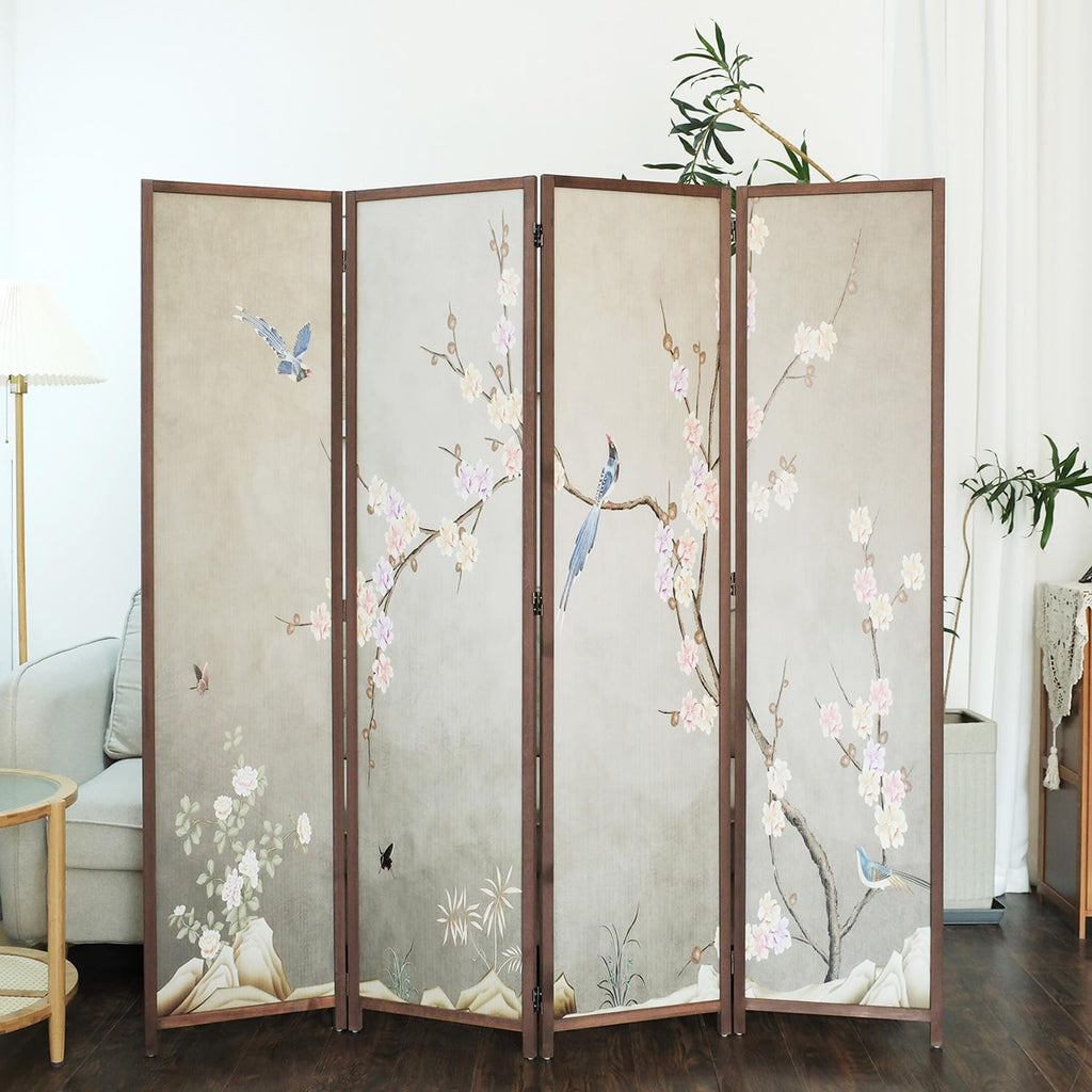 4 Panel Room Divider Screen,Double Faced Blackout Panel Divider Folding Panel Screen Divider for Room Separation,Plums and Birds,67" H x 63" W