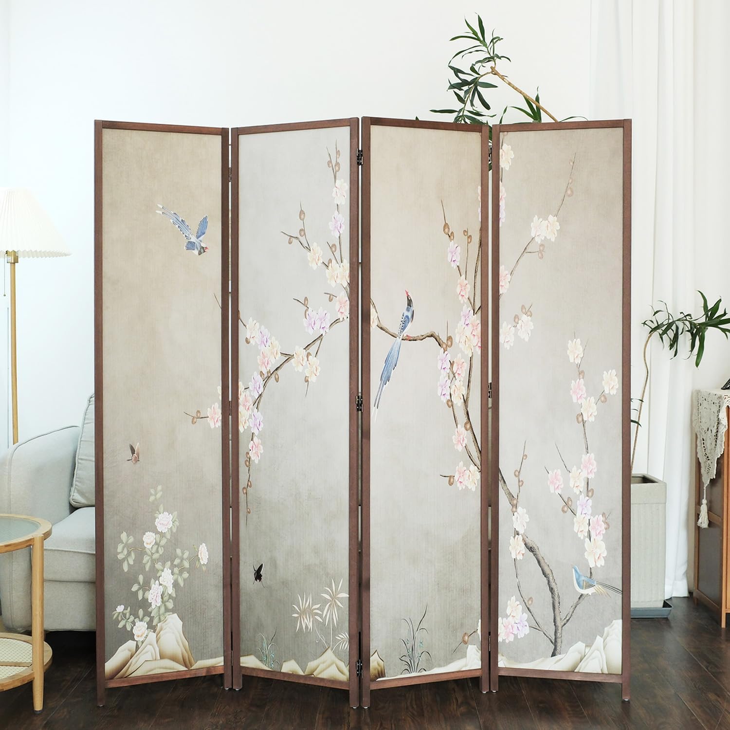 4 Panel Room Divider Screen,Double Faced Blackout Panel Divider Folding Panel Screen Divider for Room Separation,Plums and Birds,67" H x 63" W