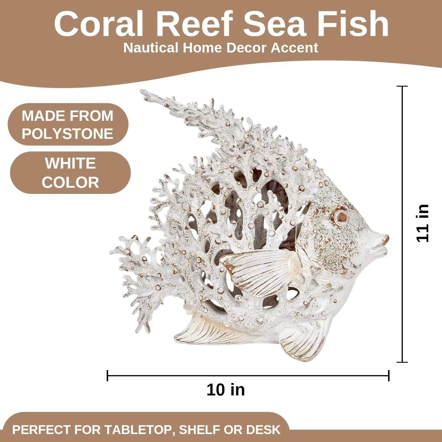 Ocean Decor White Coral Reef Angelfish Sculpture Beach Home Decor Coastal Coral Look Tabletop Collection 11 in x 10 in