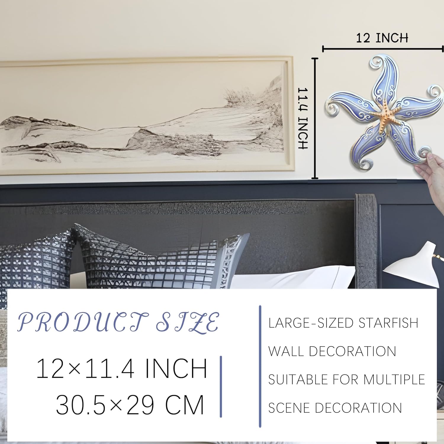 POXOHO Metal Starfish Wall Decor, Sea Life Coastal Decorations 12 inch Starfish Wall Art, Nautical Home Decoration Handing Ocean Beach Wall Art for Garden,Fence,Home,Patio,Kitchen,Bathroom,(Sliver)
