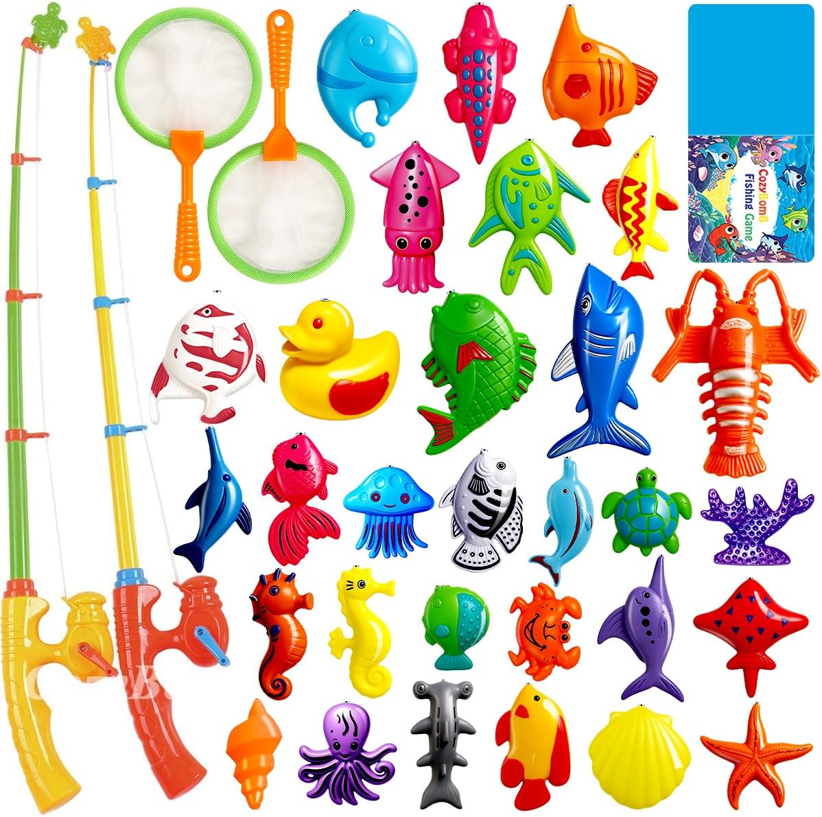 CozyBomB™ Magnetic Fishing Toys Game Set for Kids | Water Table Bathtub Kiddie Pool Party Pole Rod Net, Outdoor Plastic Floating Fish, Toddler Bath Color Ocean Sea Animals Birthday Gift Age 3-5 6 4-8