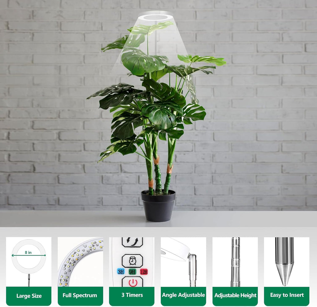 WaterRebirth 8 inch Grow Lights - Large Plant Light with 3 Timers, 10 Level Dimmable Brightness, Full Spectrum Lamp, Height Adjustable for Tall Plants