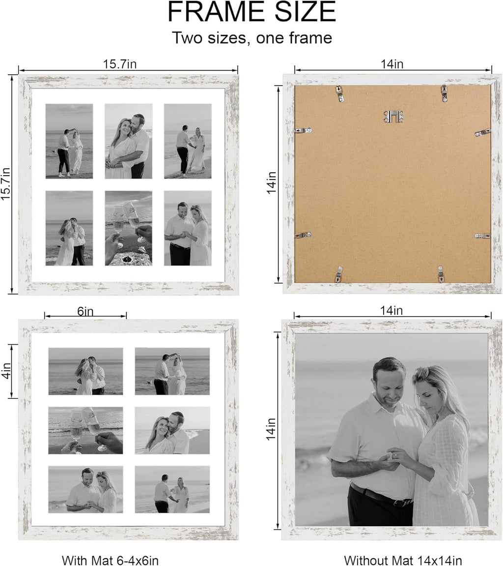 14x14 Picture Frame Set of 2, Distressed White with Glass Collage Frame, Display Photo Six Opening 4x6 With Mat or 14 x 14 Without Mat - Horizontal or Vertical Wall Mounting