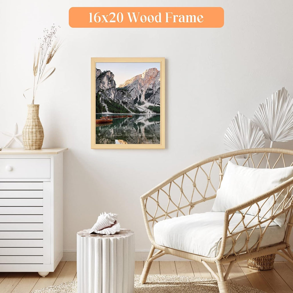16x20 Wood Picture Frame, Rustic Natural 20x16in Woodgrain Frame, Modern Beige 16 x 20 inch Gallery Wall Photo Poster Frame with HD Plexiglass, Horizontal Vertical Wall Mounting Display 1pcs