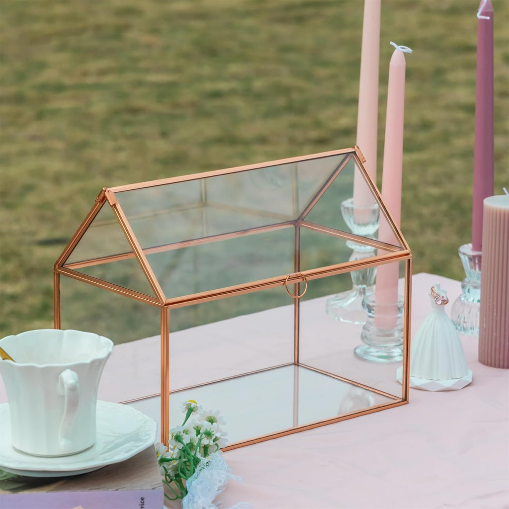 NCYP Small Wedding Glass Cards Box for Reception - 10.2x5.9x8.2 Inches House Shape Decorative Storage Box with Lid - Rose Gold Card Holde for party (Glass Box Only)