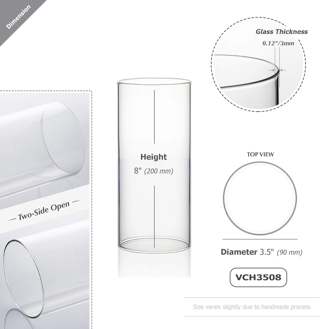 WGVI Hurricane Candle Holder Sleeve, Wide 3.5", Height 8", Clear Glass Cylinder Candleholder, Chimney Tube, Open Ended Candle Shade, 12 Pieces Bulk