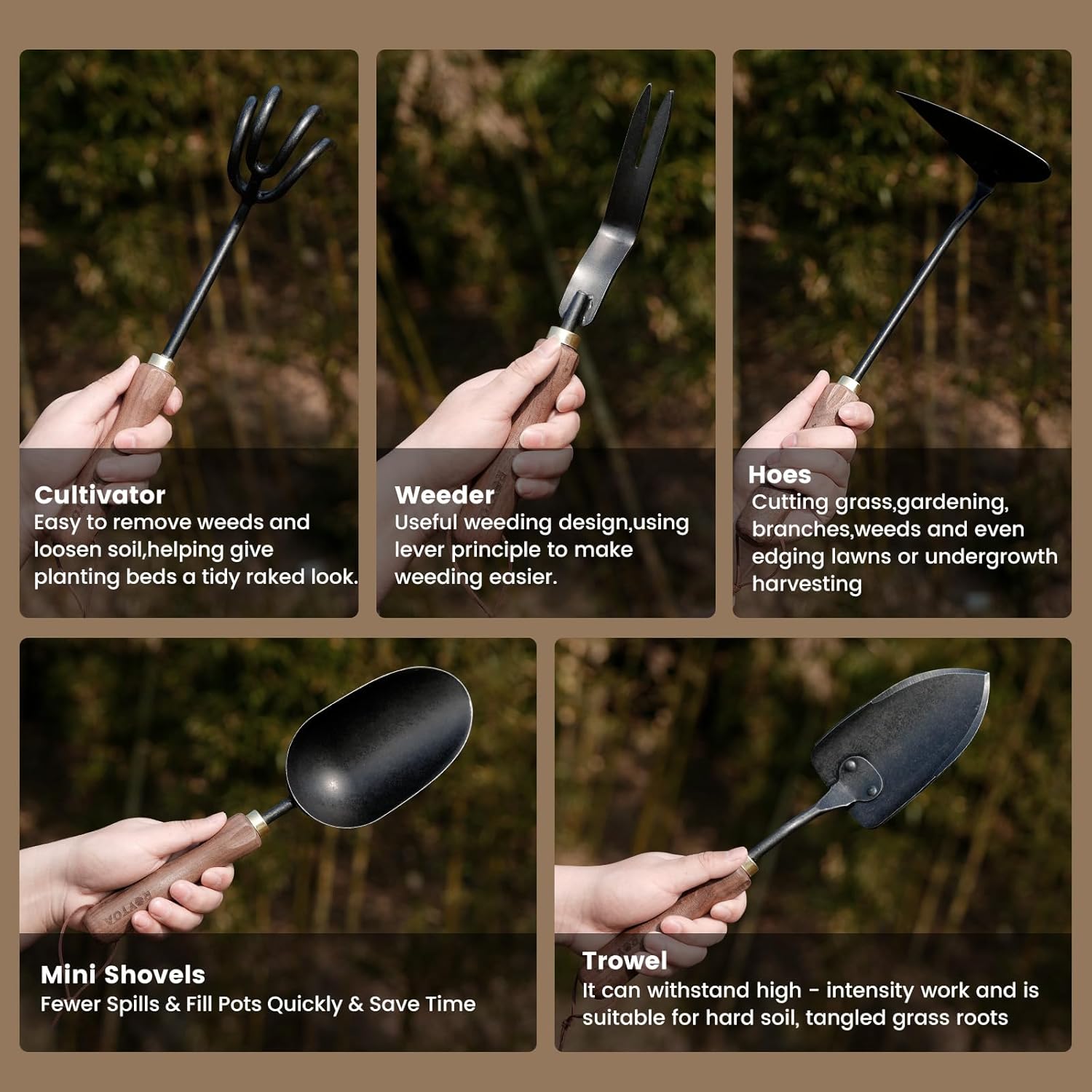 Garden Tool Set, 5PCS Gardening Tools, Stainless Steel Heavy Duty Hand Cultivator, Hoes, Shovel, Trowel and Weeder with Ergonomic Walnut Handle, Gardening Gifts for Women