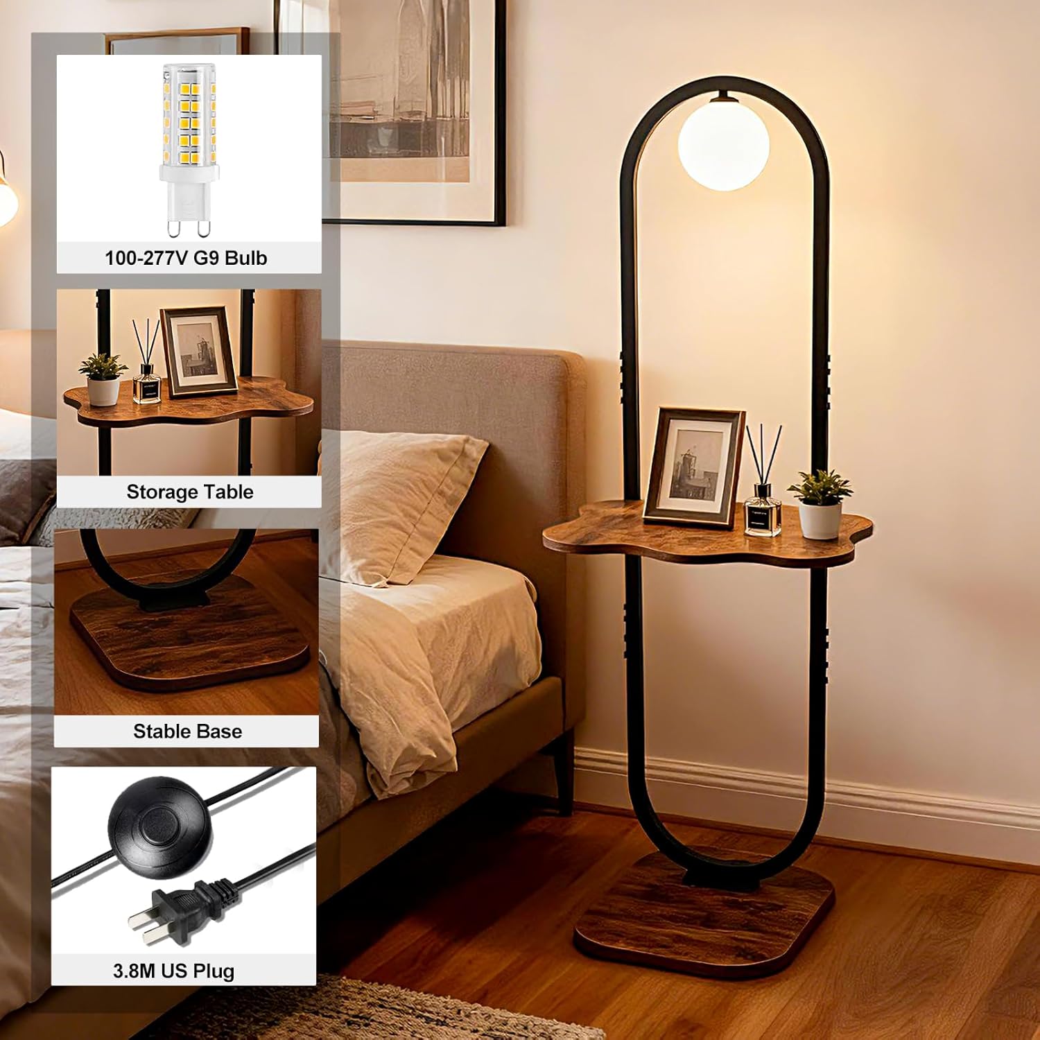 Lightdot 47-Inch Arch Floor Lamp, Modern Standing Lamp with Table, Black Metal Frame with Globe Shade, Living Room Bedroom Lighting, G9 LED Bulb Included