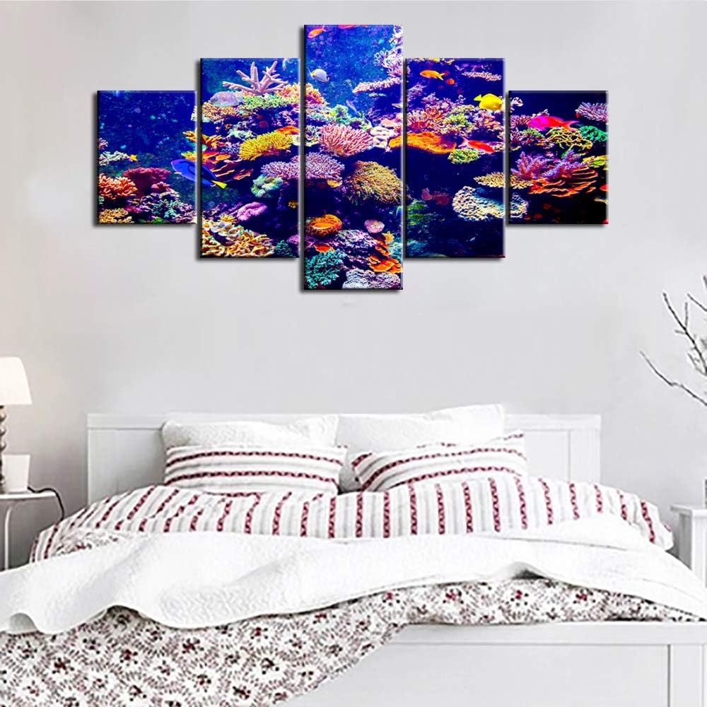 Ocean Wall Art for Living Room Coral Reef Pictures Underwater World Paintings Multi Panel Printed on Canvas Purple Blue Artwork Home Aquarium Modern Decor Framed Giclee Ready to Hang(60''Wx32''H)