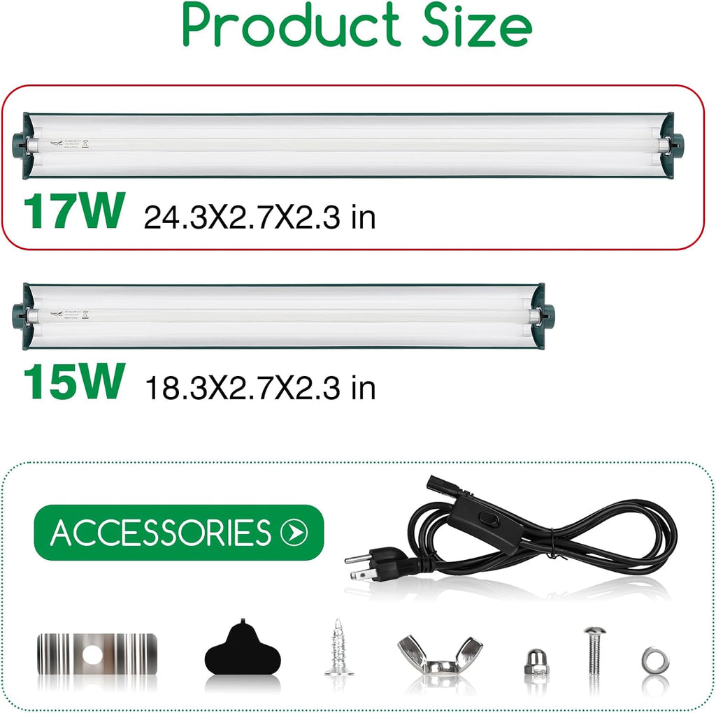 T8 Reptile Light Fixture Combo Kit 17W Green Light 10.0 UVB Fluorescent Tube for Reptiles
