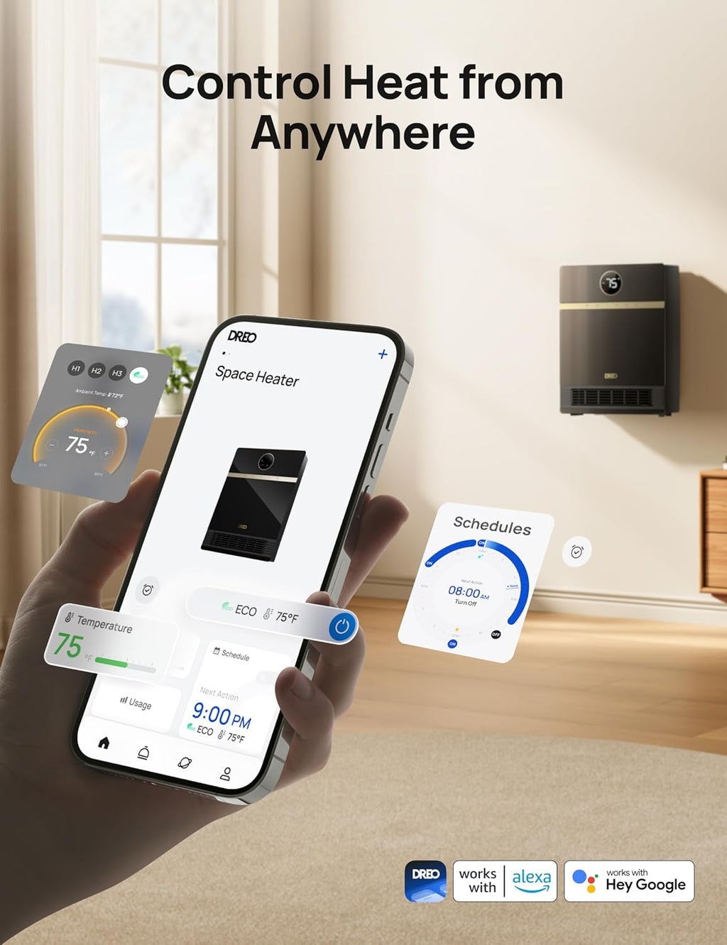 Dreo Smart Wall Heater, IP24 Electric PTC Space Heater for Indoor Use, 30° Oscillation, Adjustable Thermostat, Remote Control, Works with Alexa, 24H Timer, Easy-mounted for Bedroom, Office