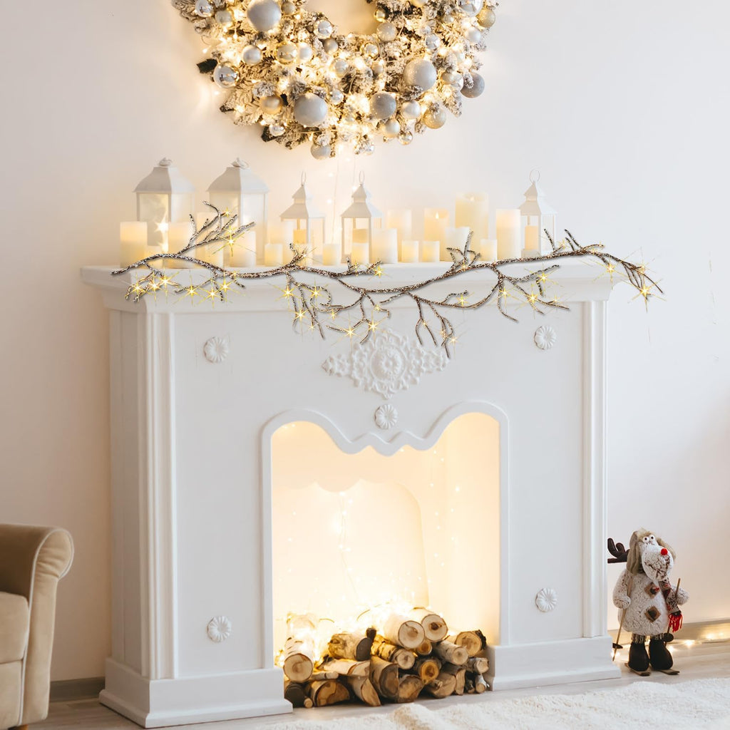 Fudios Lighted Iced Garland with Timer 48 LED Fairy Lights 6ft Battery or USB Plug for Mantle Decor, Lit Christmas Brown Twig Garland Winter Home Holiday Indoor Use