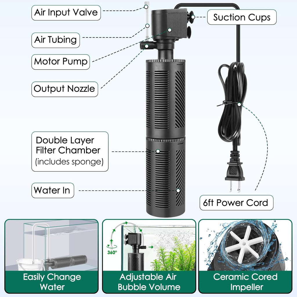 hygger 30-70 Gallon Submersible Aquarium Internal Filter In-Tank Filtration with Aeration for Saltwater and Freshwater Fish Tank Filters 264 GPH