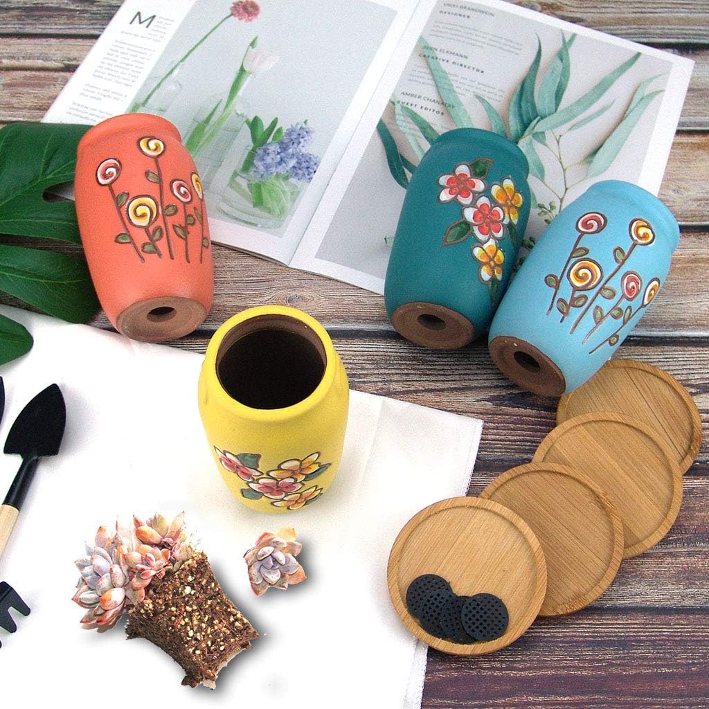 2.5 Inch Hand Painted Round Succulent Cactus Planter Pot Clay Pot Ceramic Plant Pot with Drainage Hole and Saucer Set of 4 (Green Yellow Orange Blue)