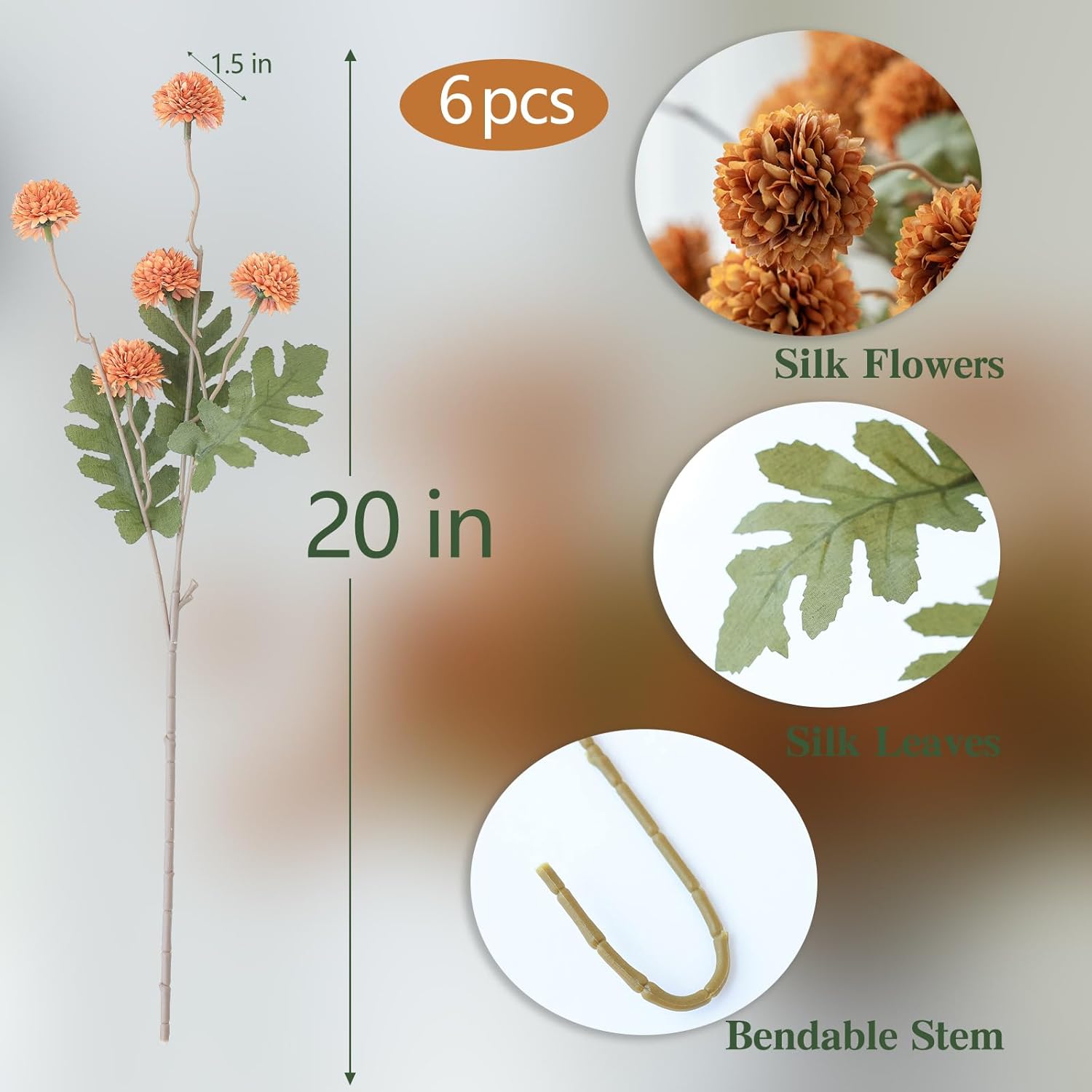 mizii 6Pcs Orange Fake Silk Pompon Mum Artificial Flowers Bulk Small Faux Chrysanthemums with Stems Floral Decorations for Wedding DIY Bouquet Centerpieces Shower Vase Home Decor (Burnt Orange)