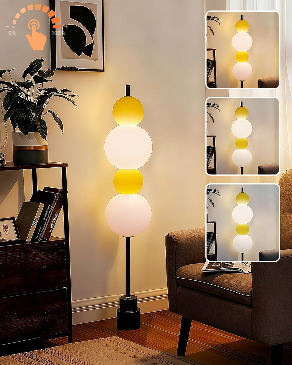 Lightdot Yellow Globe Floor Lamp with 3 Color Temperatures LED Bulbs,Dimmable Floor Lamps with Touch Switch,Unique Modern Standing Tall Lamp for Bedroom Living Room Home Office