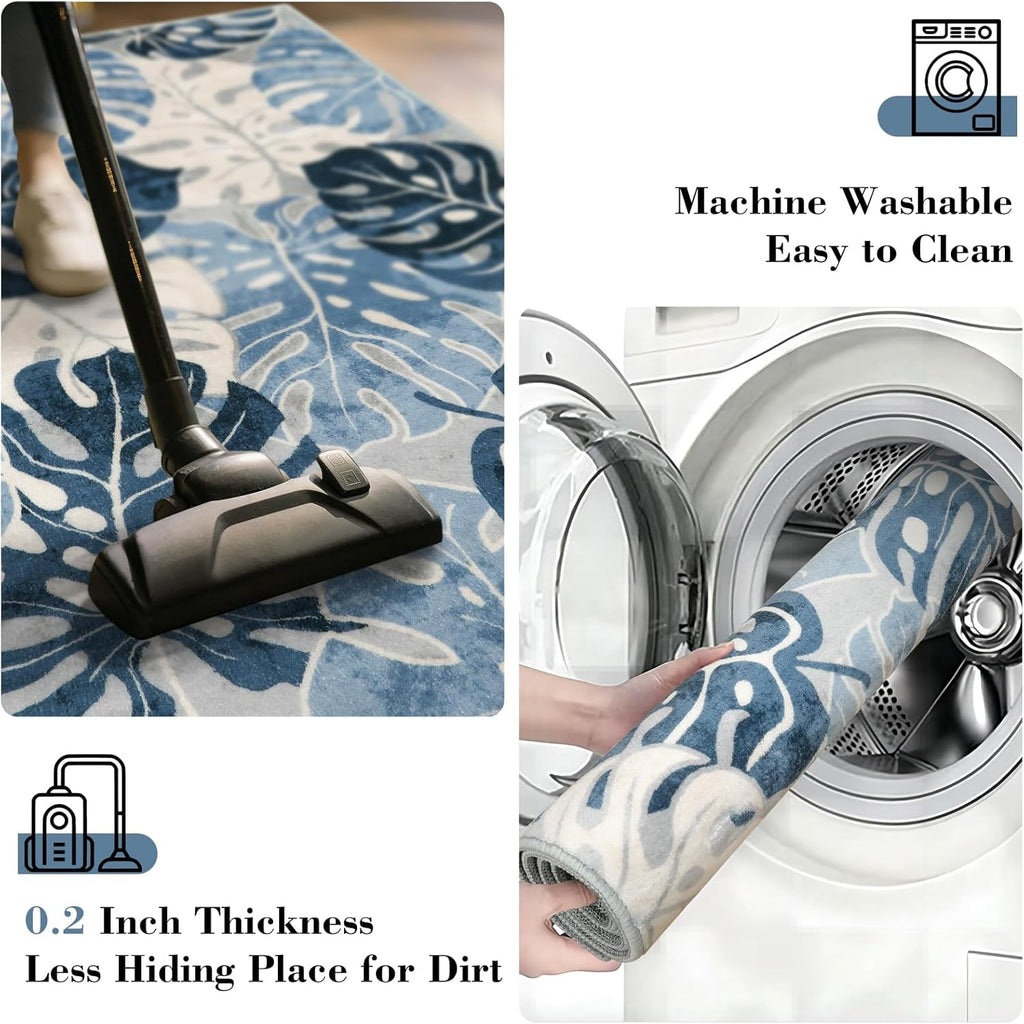 Wonnitar Tropical Washable Runner Rug 2x4.3, Non-Slip Monstera Leaf Blue Kitchen Rug Runner, Soft Low Pile Laundry Room Carpet Non-Shedding Floor Mat for Bedroom Bathroom Bedside