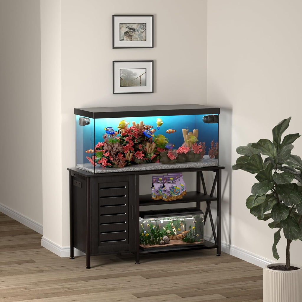 55-75 Gallon Fish Tank Stand,Aquarium Stand with Cabinet Accessories Storage,Heavy Duty Metal Frame,Aquarium Cabinet with Power Outlets 52" L*19.68" W Tabletop,1200LBS Capacity,Black PG05YGB