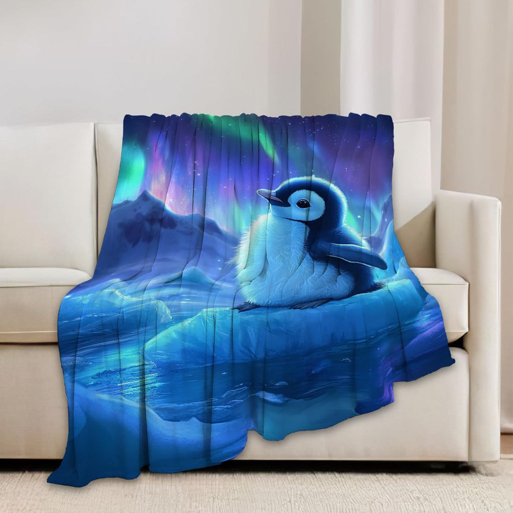 Cute Penguin Blanket Aurora Starry Night Animal Throw Blankets Gifts for Girls Boys Kids Penguin Lover Soft Cozy Fleece Plush for Couch Sofa Bed 50"x40"