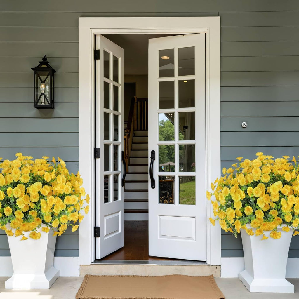 Ouddy Decor 24 Bundles Artificial Flowers for Outdoors Decoration Fake Silk Morning Glory Flowers Faux Eucalyptus Plants UV Resistant for Porch Patio Garden Spring Summer Home Decor, Yellow