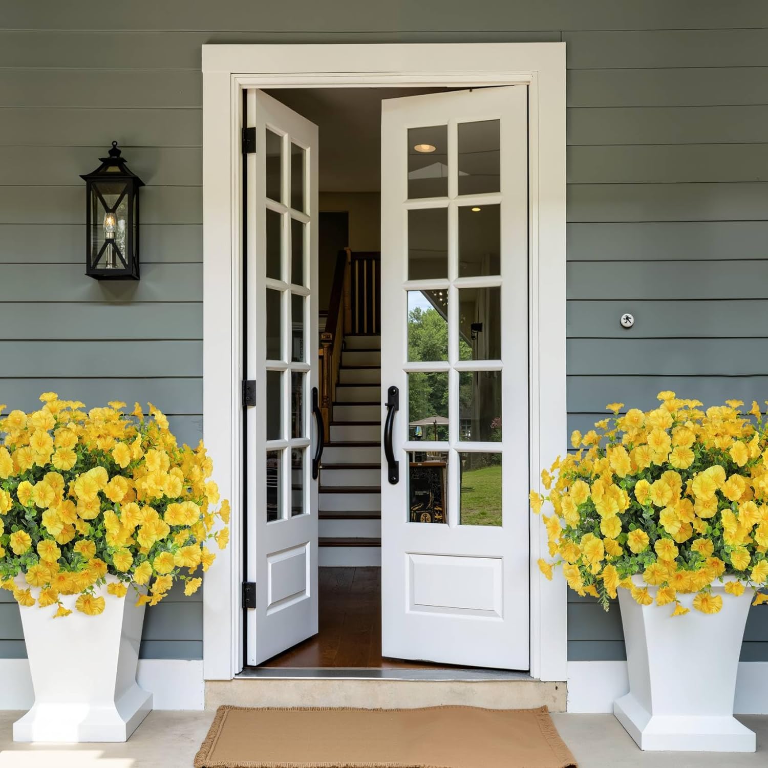 Ouddy Decor 24 Bundles Artificial Flowers for Outdoors Decoration Fake Silk Morning Glory Flowers Faux Eucalyptus Plants UV Resistant for Porch Patio Garden Spring Summer Home Decor, Yellow