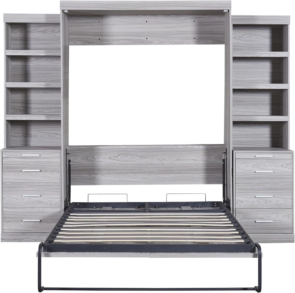 Full Murphy Bed with Bookcase Shelves and 6 Drawers,Metal & Pine Wood Folding Murphy Wall Bed Cabinet for Adults