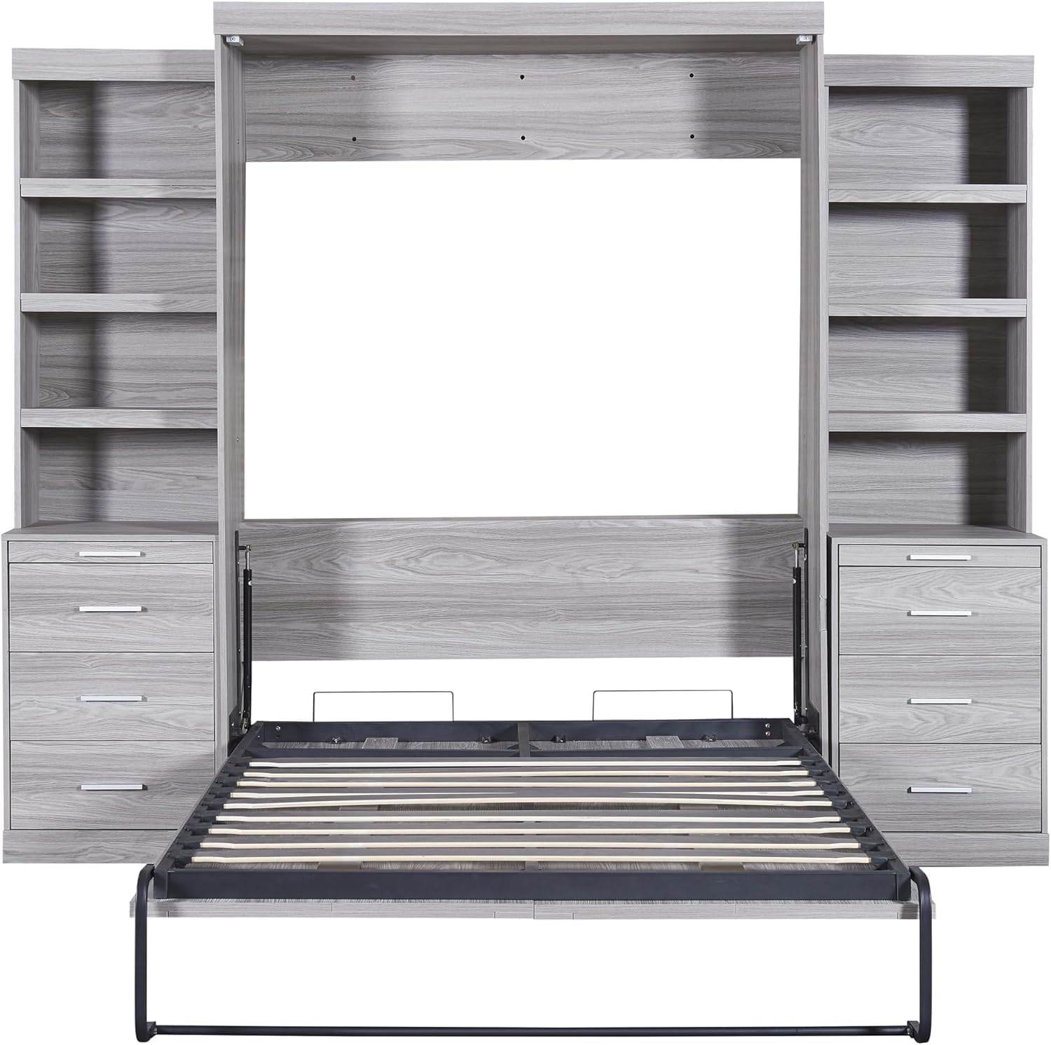 Full Murphy Bed with Bookcase Shelves and 6 Drawers,Metal & Pine Wood Folding Murphy Wall Bed Cabinet for Adults