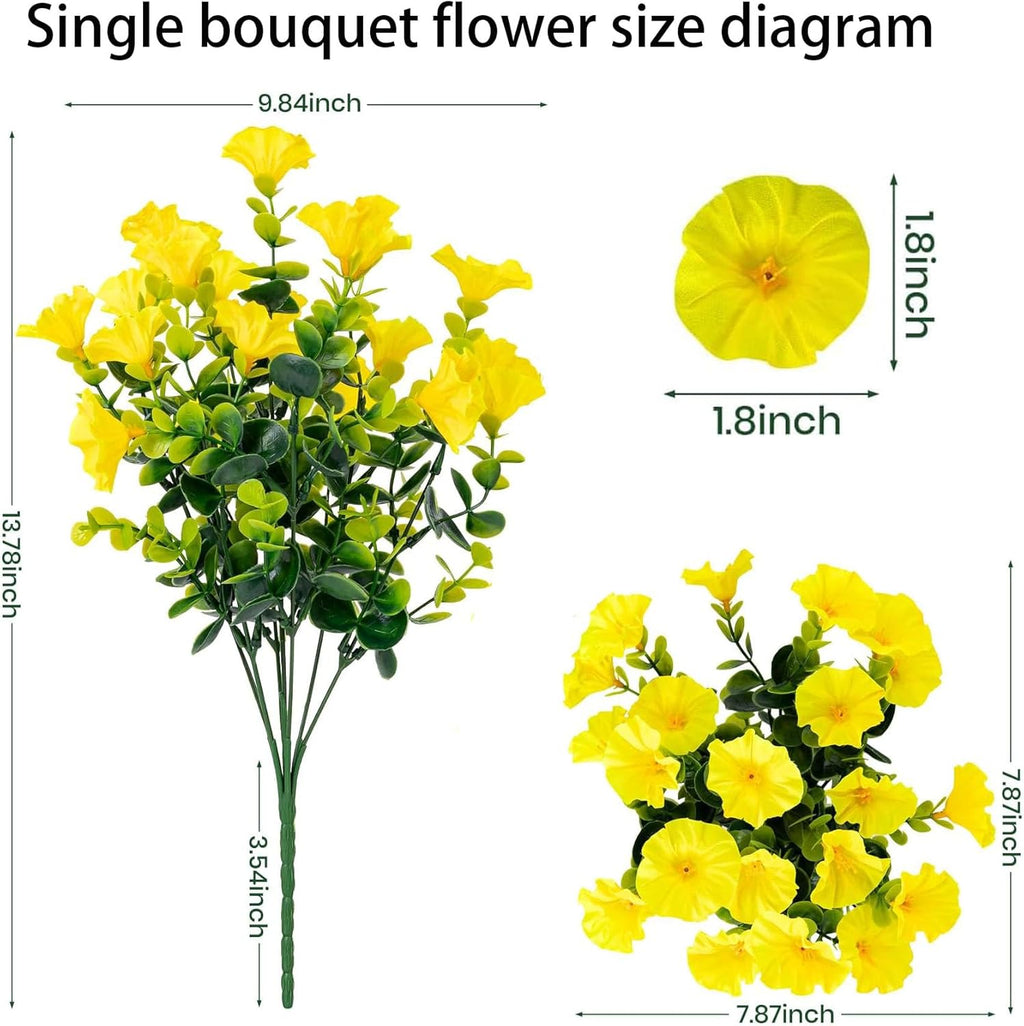 Artificial Outdoor Flowers 16 Bundles Fake Morning Glory Flower Outdoor UV Resistant Plastic Faux Flowers Plants for Decoration Indoor Outdoor Hanging Window Box Planter Home Porch Decor (Yellow)