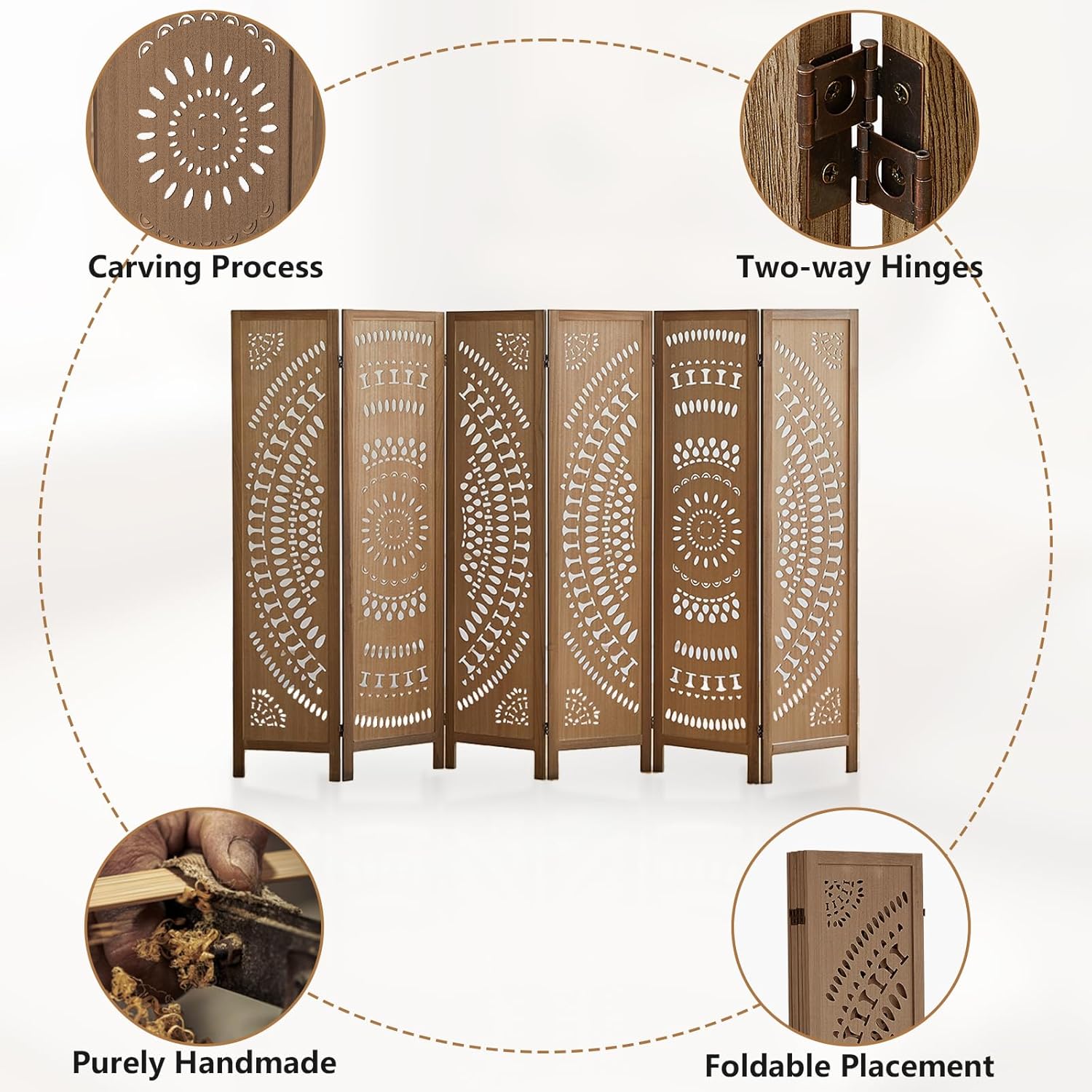 Room Dividers and Folding Privacy Screens, Boho 6 Panel Room Divider, 67" Room Divider Wall, Modern Room Partition, Privacy Dividers for Rooms, Bedroom, Office, Brown