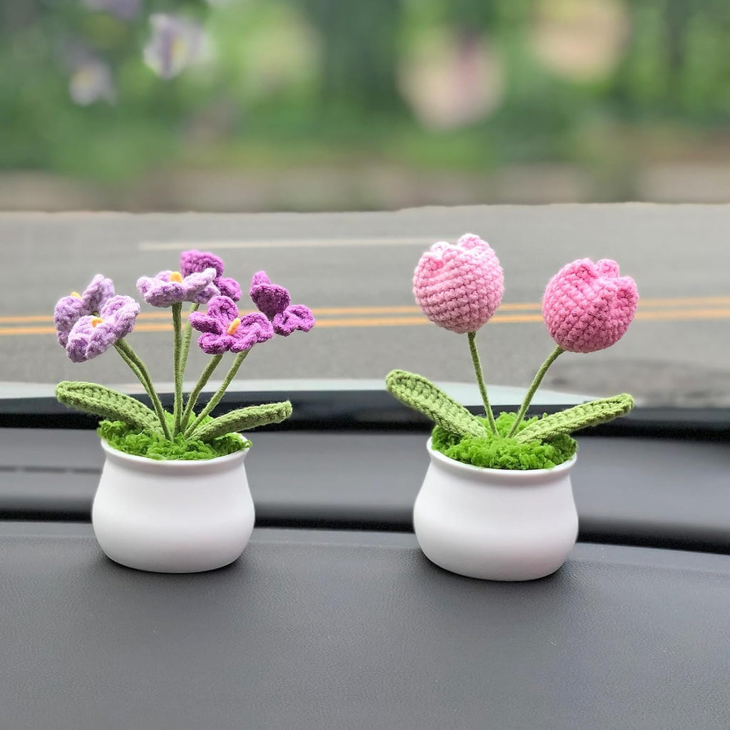 Crochet Flowers Cute Little Potted Flower, Gift for Birthday, Teacher’s Day, Graduation, Anniversary, Christmas, Decor for Car Dashboard,Home Office Decoration (Pink Gradient Tulips)