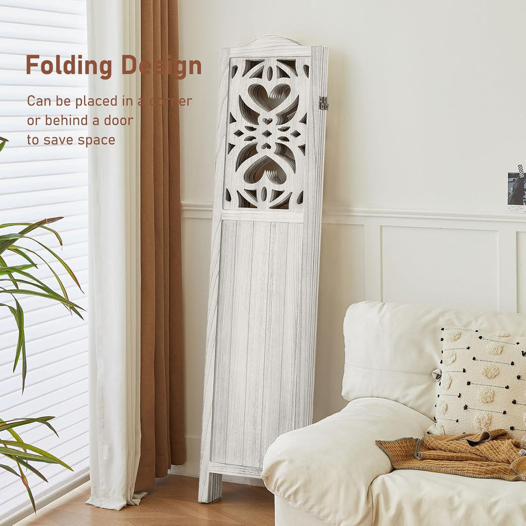 4 Panel Room Divider Fully Assembled, Carved Room Dividers and Folding Screens, 5.6Ft Wood Room Divider Screen Freestanding Partition Wall Dividers for Home Bedroom Office, Rustic White