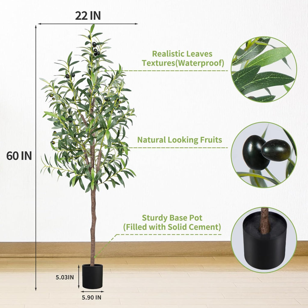 Artificial Olive Tree 5FT Tall Faux Silk Plant 60inch Fake Olive Tree with Trunk and Lifelike Fruits for Home Office Decor Indoor 1pack