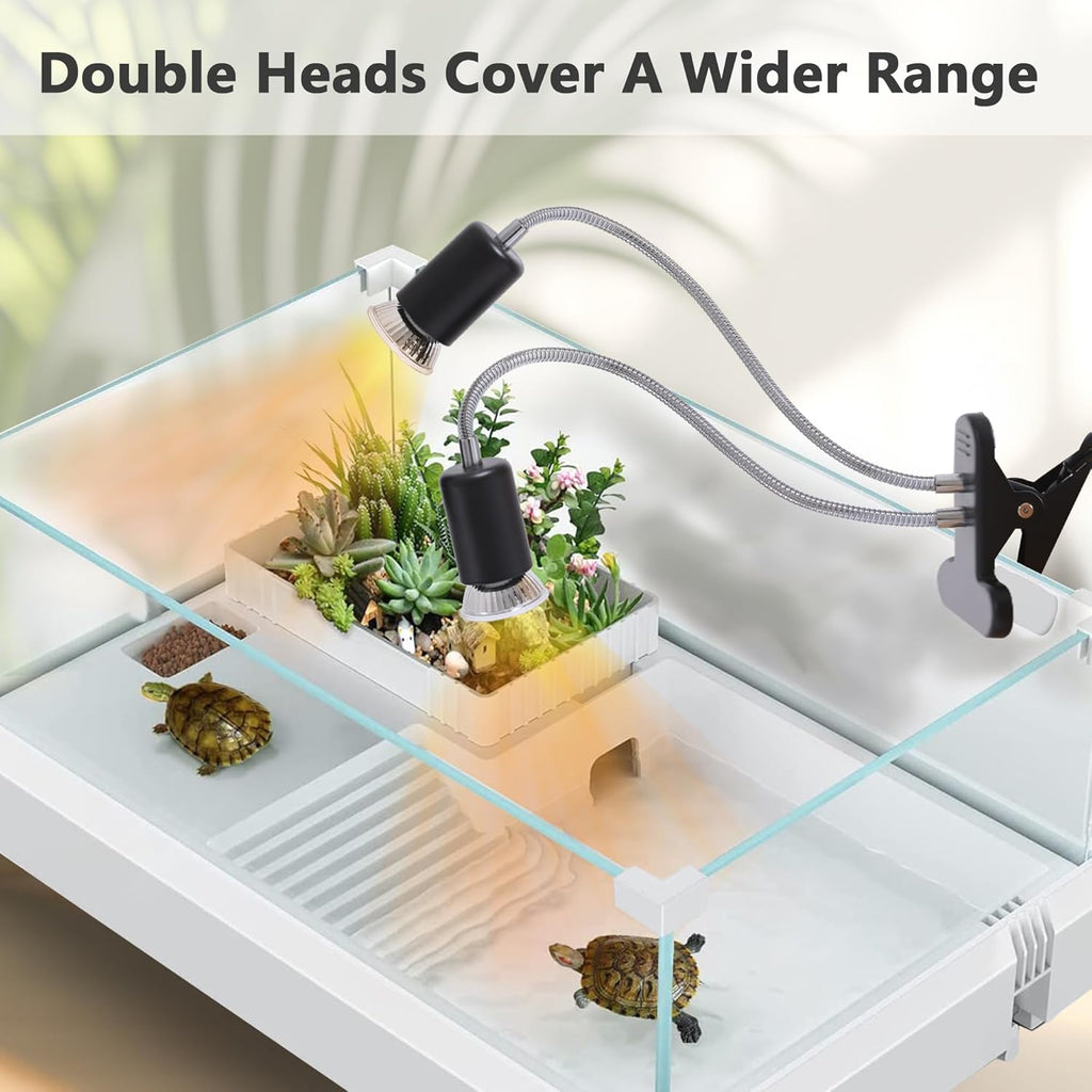 Reptile Heat Lamp with Dual Head, UVA UVB Light for Aquarium Turtle Tank, with 2 * 50w Basking Bulb and 360° Swivel Clamp Stand for Tortoise, Snake, Frog, Lizard. Halogen, Yellow Light