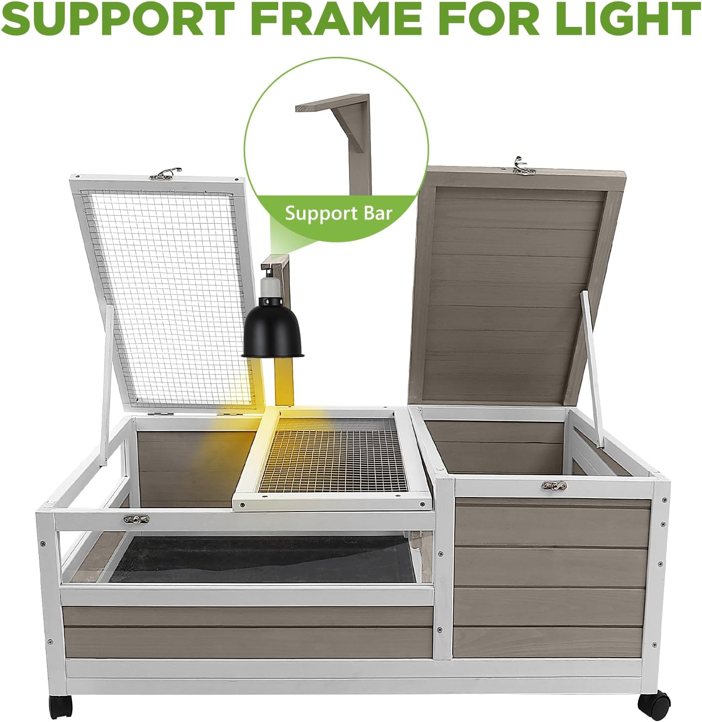Tortoise Habitat with Lamp Holder in Indoor & Outdoor, Wooden Turtle Enclosure Table with 4 360° Lockable Wheels, Leakproof Tray, Openable Roof for Tortle, Lizard, 78" L x 23" W x 14" H