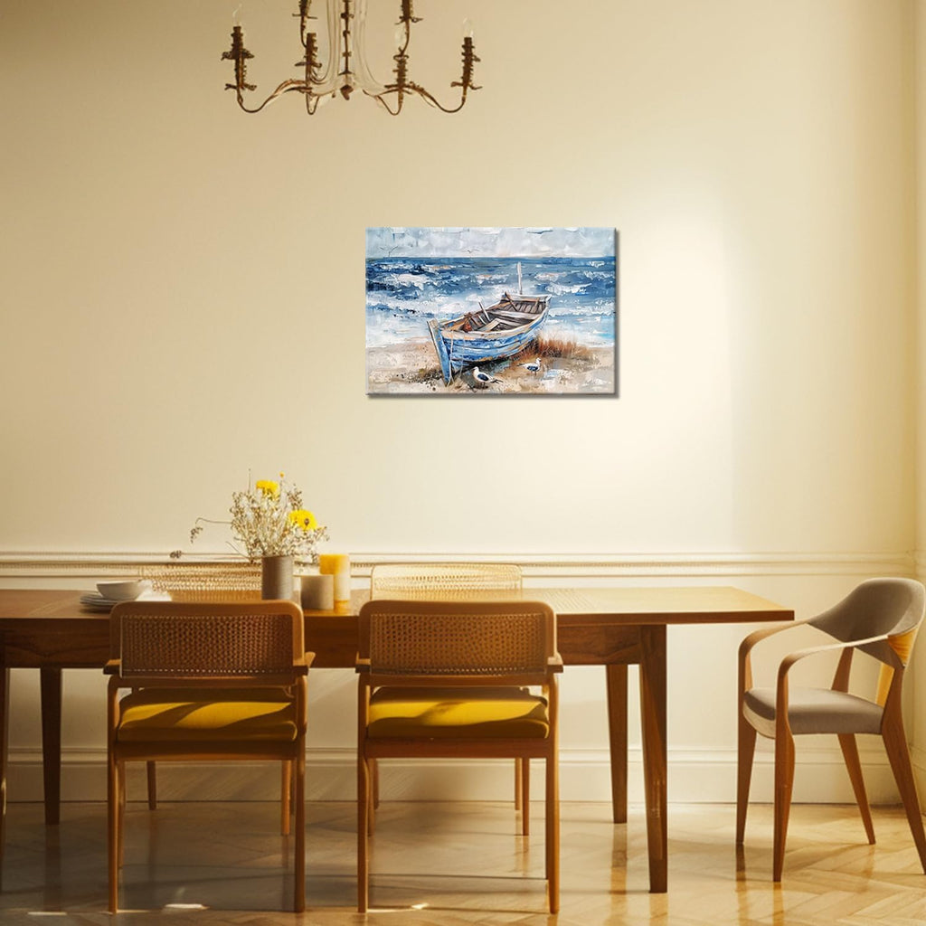 GLOKAKA Coastal Bathroom Wall Art Ocean Sea Bird Canvas Print Nautical Rowboat Blue Teal Rustic Beach Themed Print Artwork Blue Ocean Sea View Painting for Office Restaurant Fireplace Mural Decor