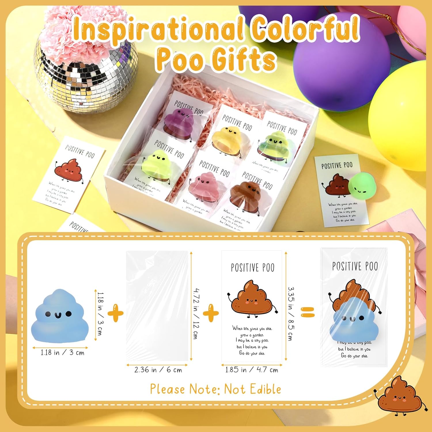 Wettarn 30 Sets Emotional Luminous Stool Stress Ball Gifts Bulk Office Christmas Appreciation Gift Cute Positive Stool Squeeze Inspirational Cards Mini Stress Relief Ball for Coworker Nurse Staff
