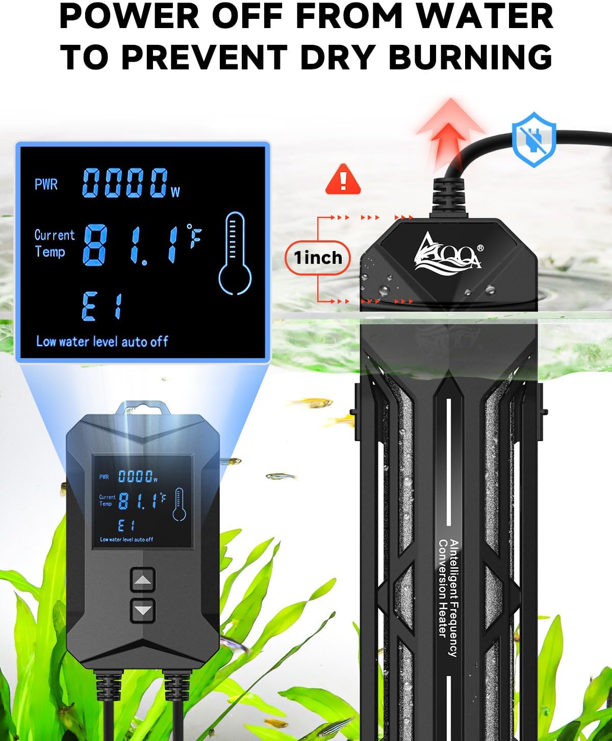 AQQA Aquarium Heater 800W/1000W/1200W/1400W Fish Tank Heater with LED Digital Display 110-120V Submersible No Pond Heaters with Overheat & Dry-Out Protection for Freshwater & Saltwater Tanks (1000W)