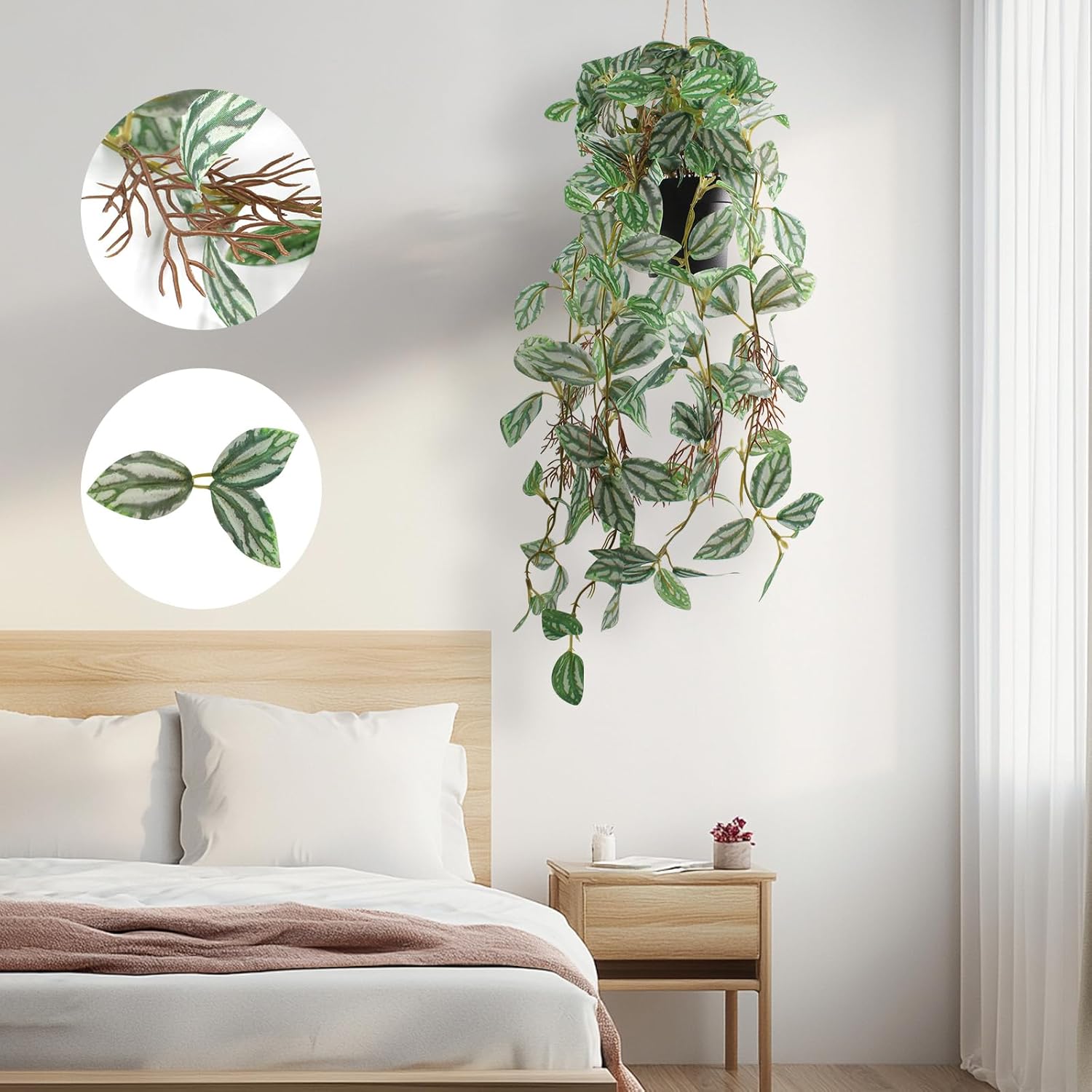 Artificial Hanging Ivy Plants Realistic 3D Watermelon Texture Fake Peperomia Leaves Faux Potting Vine Green Plants for Indoor Outdoor Home Garden Decor