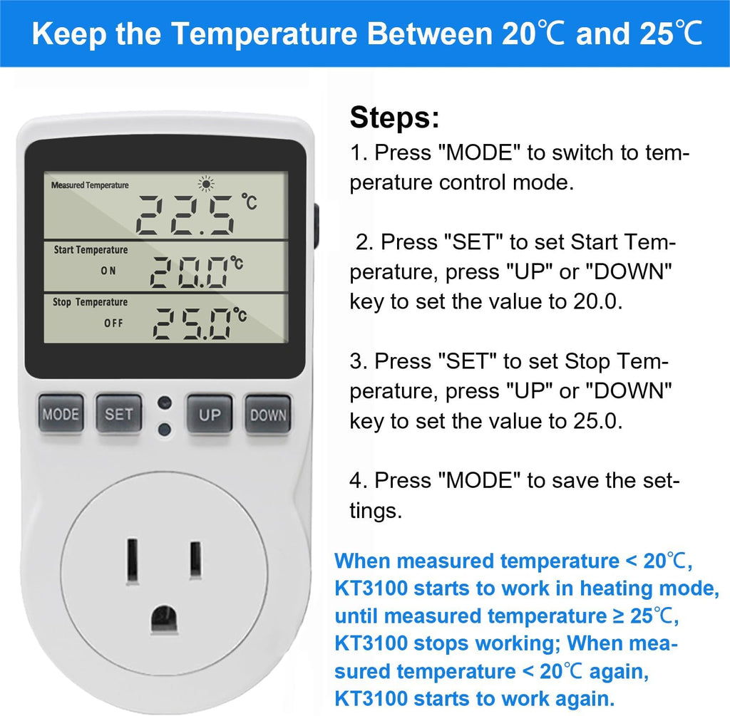 KETOTEK Digital Thermostat Outlet Plug Temperature Controller Outlet Socket 120V Heating Cooling Control 110V 15A Celsius Fahrenheit Display White