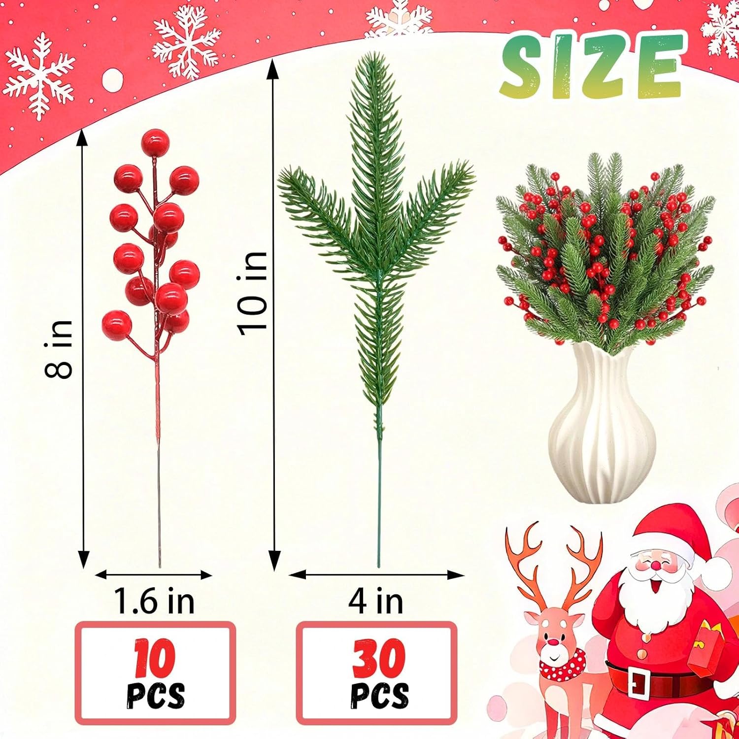 40 Pcs Artificial Green Pine Branches Holly Red Berry Stems Fake Norfolk Needles Picks Christmas Tree Decoration Xmas Wreath Decor Accessories