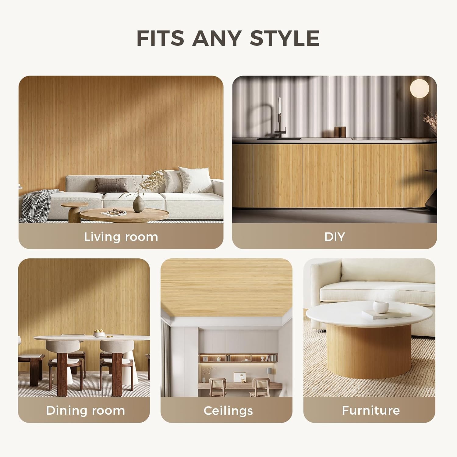 OUZUGIE 1 Pack 96x48 Inch Natural Bamboo Wall Panel – Twinned Carbides Pole Wrap Paneling for Walls, Ceilings, Cabinets, Furniture – Ideal for Bedroom, Living Room & Office DIY Decor