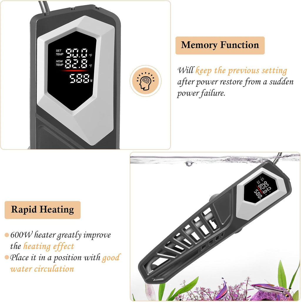 HITOP 600W Titanium Aquarium Heater: Digital Fish Tank Heater with External Controller, Submersible Aquarium Heater with Over-Temperature Protection for Saltwater and Freshwater 75-150Gallon